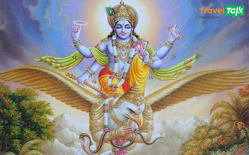 Vishnu là người bảo vệ được miêu tả với làn da xanh và bốn cánh tay