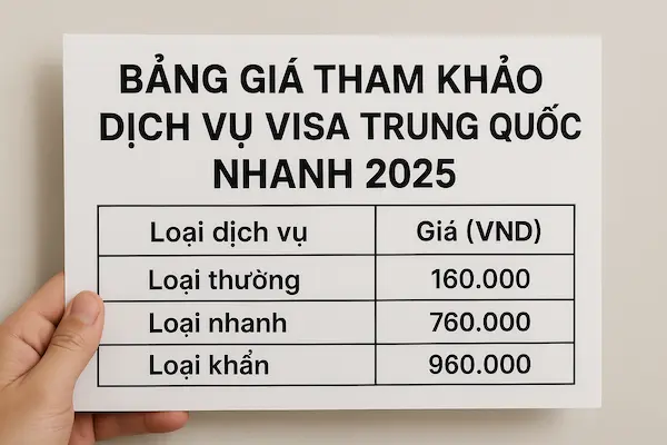 Bảng giá tham khảo dịch vụ visa Trung Quốc nhanh 2025