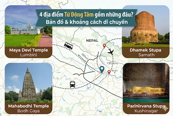4 địa điểm Tứ Động Tâm gồm những đâu? Bản đồ & khoảng cách di chuyển