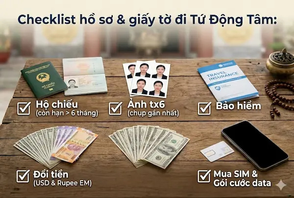 Checklist hồ sơ & giấy tờ đi Tứ Động Tâm: Hộ chiếu, ảnh, bảo hiểm, đổi tiền, SIM
