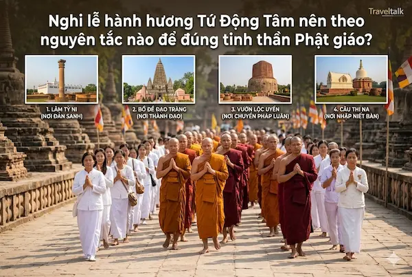 Nghi lễ hành hương Tứ Động Tâm nên theo nguyên tắc nào để đúng tinh thần Phật giáo?