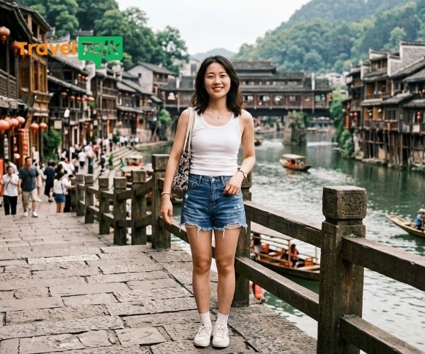 Đi Phượng Hoàng Cổ Trấn mặc gì? - Mix quần short jean và áo 2 dây giúp bạn trông năng động