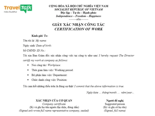 giấy xác nhận công tác song ngữ