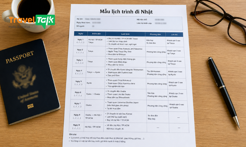 Mẫu lịch trình đi Nhật